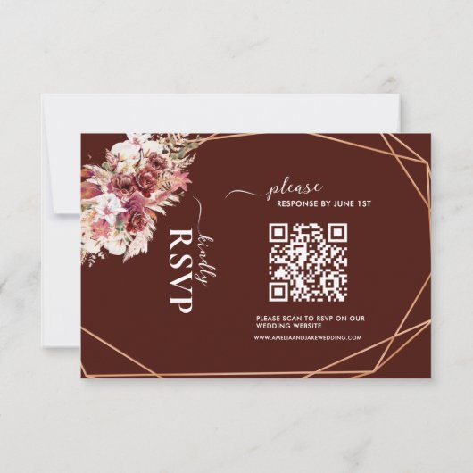 Boho Terracotta & Burgundy Floral QR Code Wedding 出欠カード (裏面)