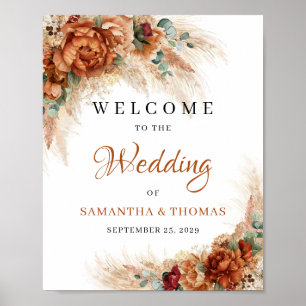 Boho terracotta burgundy pampas grass Wedding Sign ポスター