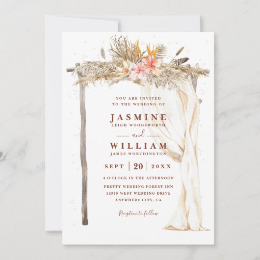 Boho Terracotta Canopy Floral Chic QR Code Wedding 招待状 (正面)