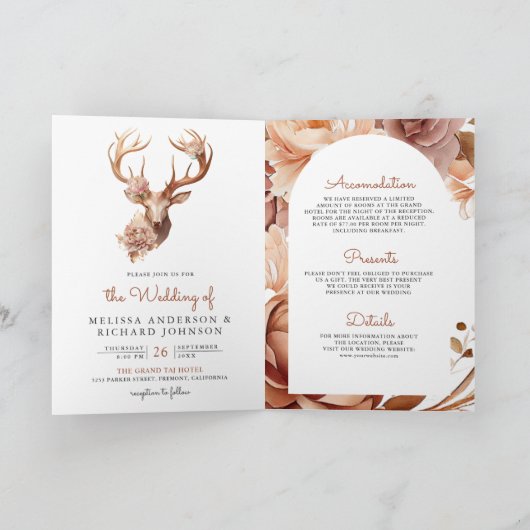 Boho Terracotta Floral Deer QR Code Wedding 招待状 (内部)