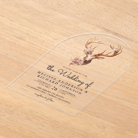 Boho Terracotta Floral Deer Wedding アクリル招待状 (レイダウン)