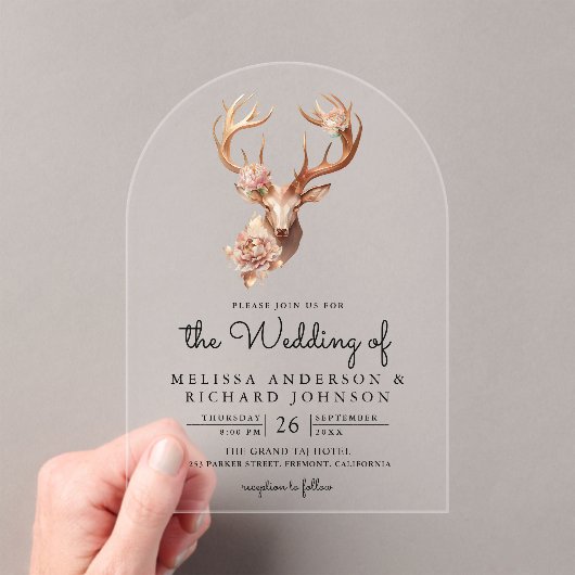 Boho Terracotta Floral Deer Wedding アクリル招待状 (インサイチュ (ポータブル))