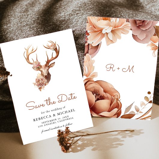 Boho Terracotta Floral Deer Wedding セーブザデート