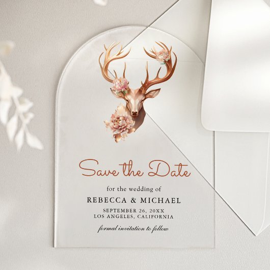 Boho Terracotta Floral Deer Wedding Save the Date アクリル招待状