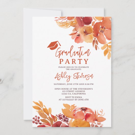 Boho Terracotta Floral Graduation Script Photo 招待状 (正面)