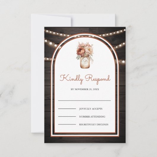 Boho Terracotta Floral Mason Jar Barn Wood Wedding 出欠カード (正面)