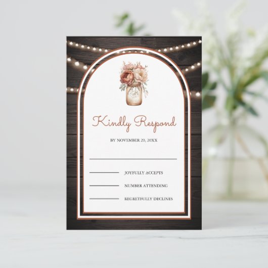Boho Terracotta Floral Mason Jar Barn Wood Wedding 出欠カード (スタンド正面)