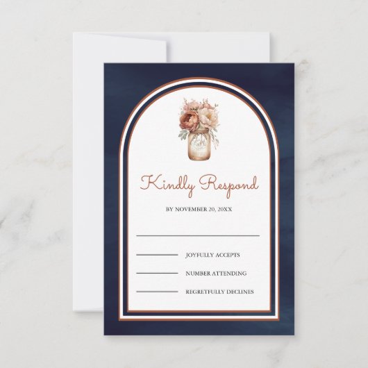 Boho Terracotta Floral Mason Jar Navy Blue Wedding 出欠カード (正面)