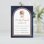 Boho Terracotta Floral Mason Jar Navy Blue Wedding 出欠カード (スタンド正面)