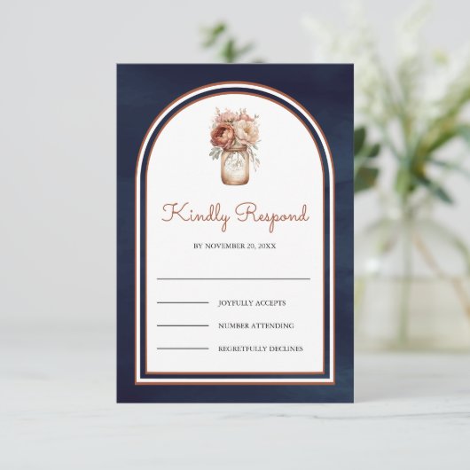 Boho Terracotta Floral Mason Jar Navy Blue Wedding 出欠カード (スタンド正面)