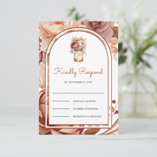 Boho Terracotta Floral Mason Jar Wedding 出欠カード (スタンド正面)