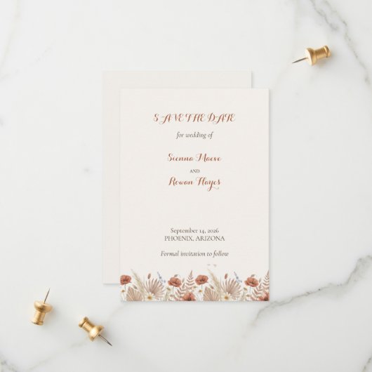 Boho Terracotta Floral & Pampas Grass セーブザデート (正面/裏面インサイチュ)