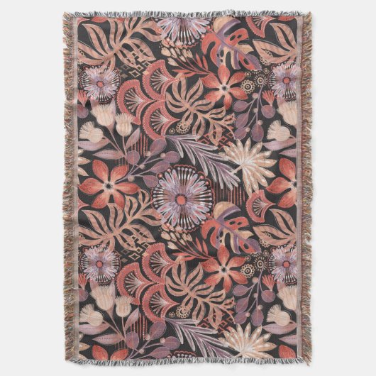 Boho Terracotta Floral Pattern Throw Blanket スローブランケット (正面縦)