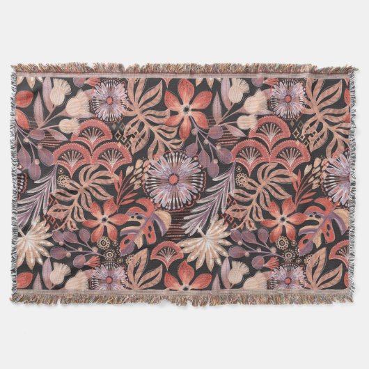 Boho Terracotta Floral Pattern Throw Blanket スローブランケット (正面)