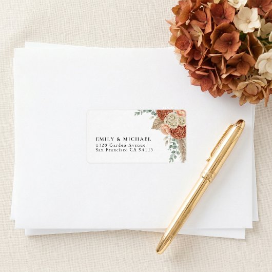 Boho Terracotta Floral Wedding Return Address ラベル