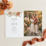 Boho Terracotta Floral Wedding Save The Date Card セーブザデート<br><div class="desc">Announce your upcoming wedding with this boho terracotta florals save the date card. It features watercolor burnt orange hydrangea, peach peonies, ivory ranunculus, pampas grass, palm fans and eucalyptus foliage on a crisp white background. Personalize with your photo on the back. This design is perfect for couples planning a late...</div>