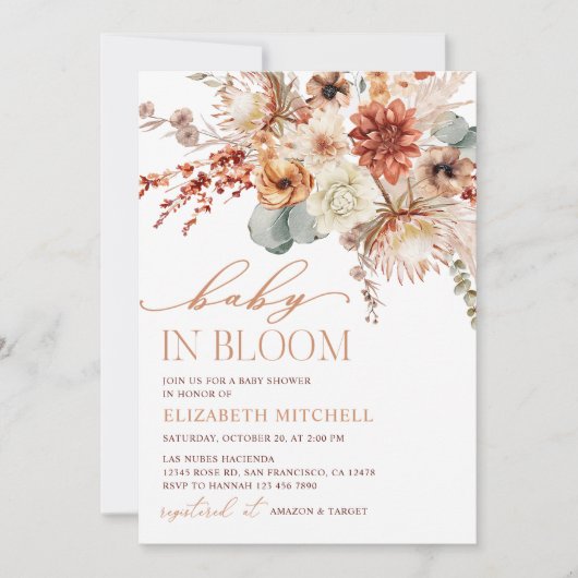 Boho Terracotta Flowers Fall Baby Shower 招待状 (正面)