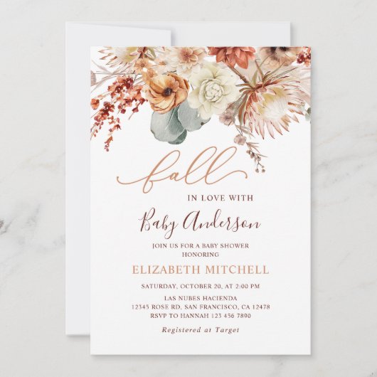 Boho Terracotta Flowers Fall Baby Shower 招待状 (正面)
