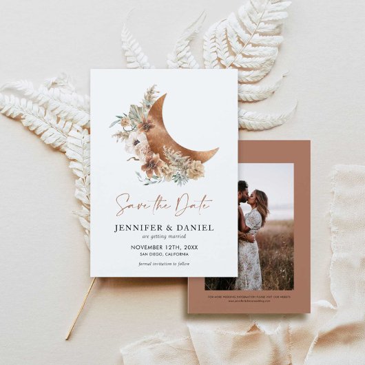 Boho Terracotta Moon Photo Save the Date Card 招待状