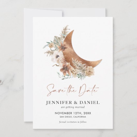 Boho Terracotta Moon Photo Save the Date Card 招待状 (正面)