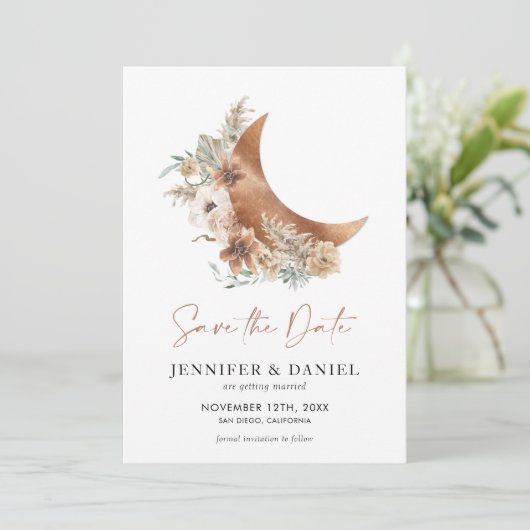 Boho Terracotta Moon Photo Save the Date Card 招待状 (スタンド正面)
