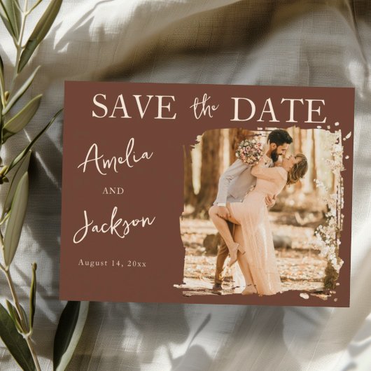 Boho Terracotta One Photo Save the Date Wedding 案内ポストカード