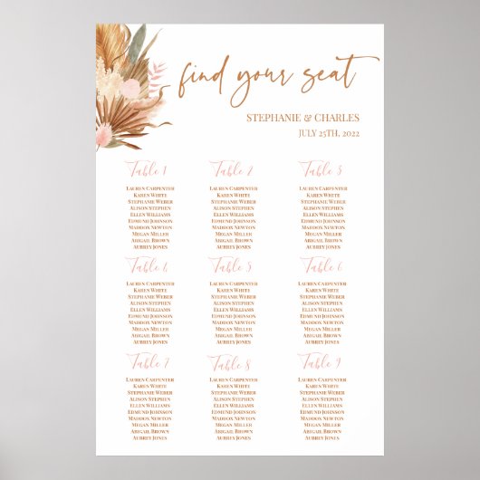 Boho Terracotta palms Wedding Seating Chart ポスター (正面)