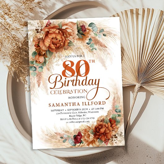 Boho terracotta pampas grass 80th Birthday invite 招待状