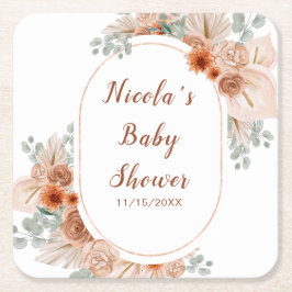 Boho Terracotta Pampas Grass Baby Shower スクエアペーパーコースター