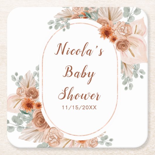 Boho Terracotta Pampas Grass Baby Shower スクエアペーパーコースター (正面)