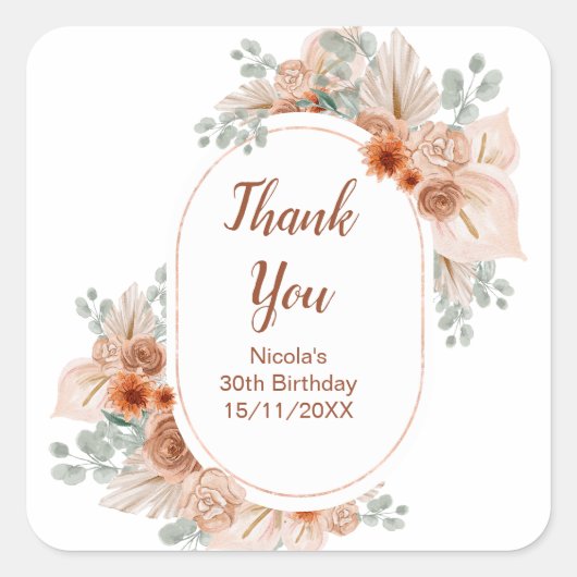 Boho Terracotta Pampas Grass Birthday スクエアシール (正面)