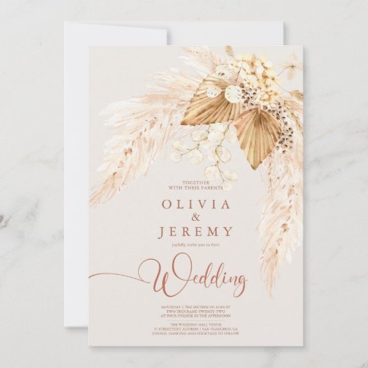 Boho Terracotta Pampas Grass Photo 結婚's 招待状 (正面)