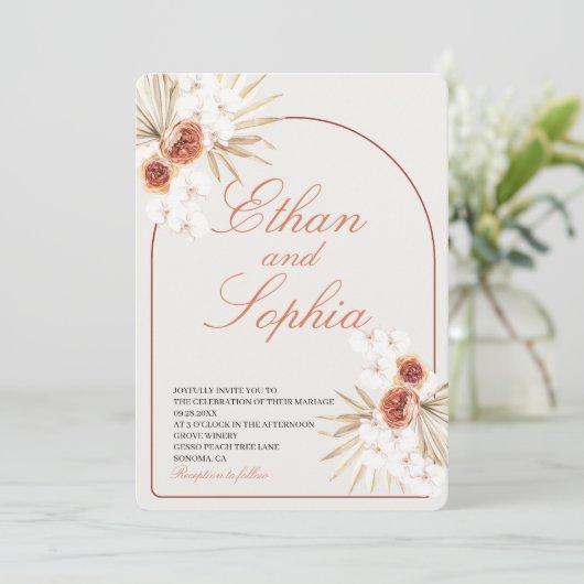 Boho Terracotta Pampas Grass Wedding Invitation 招待状 (スタンド正面)