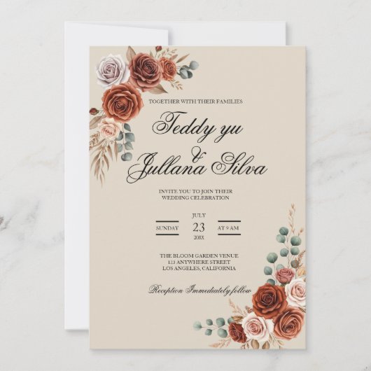 Boho terracotta qr code 2 in 1 wedding invitation 招待状 (正面)