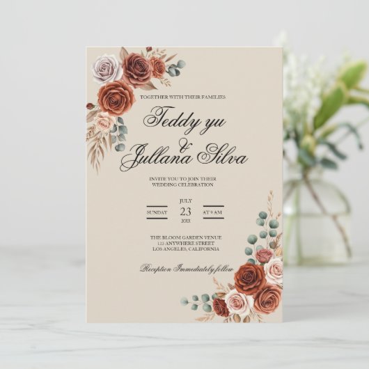 Boho terracotta qr code 2 in 1 wedding invitation 招待状 (スタンド正面)