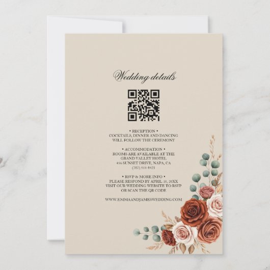 Boho terracotta qr code 2 in 1 wedding invitation 招待状 (裏面)