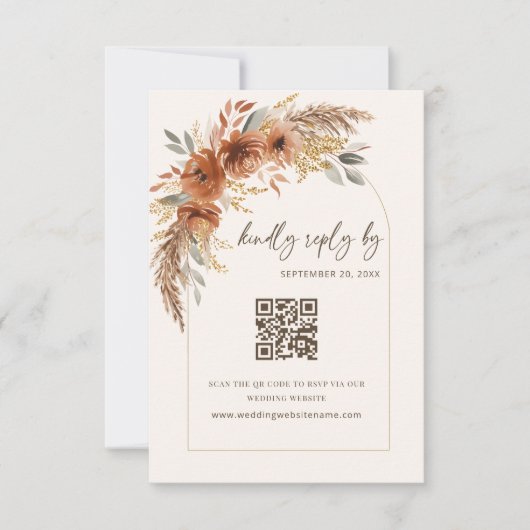 Boho Terracotta Rust Fall Floral Wedding QR Code 出欠カード (正面)