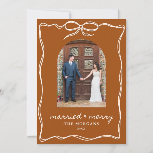 Boho Terracotta Rustic Married & Merry 4 Photo シーズンカード (正面)