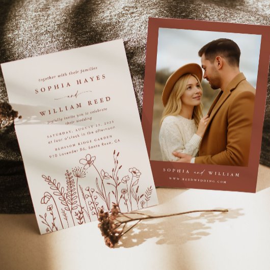 Boho Terracotta Wildflower Photo Wedding 招待状