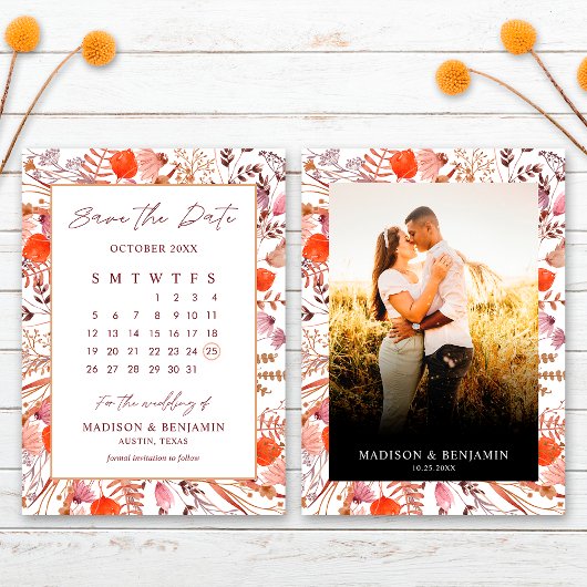 Boho Terracotta Wildflowers Photo Wedding Calendar セーブザデート