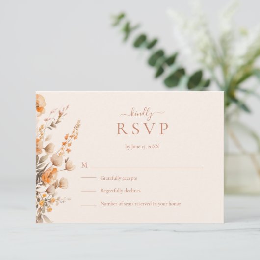 Boho Terracotta Wildflowers Wedding RSVP Card (スタンド正面)