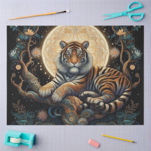Boho Tiger in Tree with Moon 薄葉紙 (クラフト)