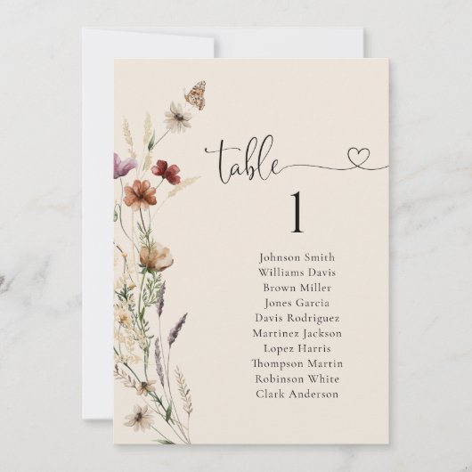 Boho Tiny Wildflowerの結婚テーブル座席表 (正面)