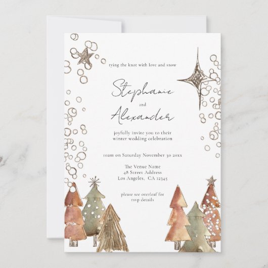 Boho TreesスターQRコードクリスマス結婚ズ 招待状 (正面)