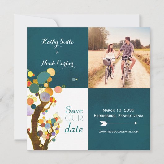 Boho Treesティール(緑がかった色)結婚の写真Save the Date セーブザデート (正面)