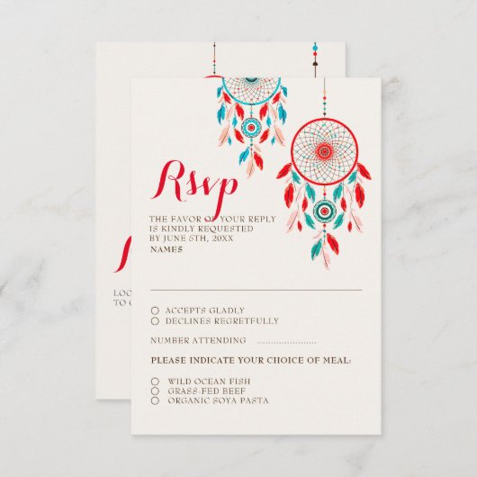 Boho Tribal羽ドリームキャッチャー結婚式RSVPカード 出欠カード (正面/裏面)