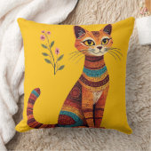 Boho Tribal Cat Cute Folk Art with Flowers クッション (ブランケット)