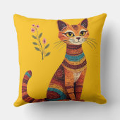 Boho Tribal Cat Cute Folk Art with Flowers クッション (裏面)