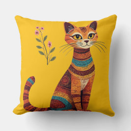 Boho Tribal Cat Cute Folk Art with Flowers クッション
