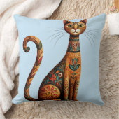 Boho Tribal Cat Cute Folk Art with Flowers クッション (ブランケット)